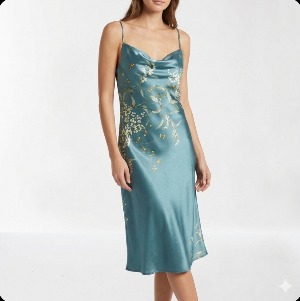 Satin Teal Floral Slip Dress